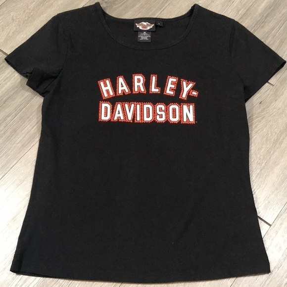 Harley-Davidson Black Round Neck Rhinestone Embellished T-Shirt size L - Picture 3 of 9